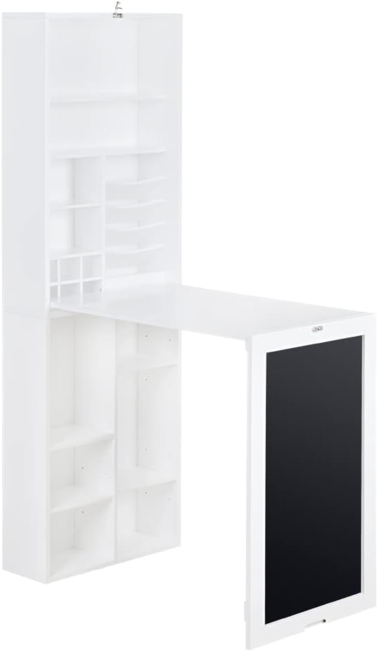 White Collapsible Wall Desk Cabinet with Chalkboard and Bottom Shelf U103821