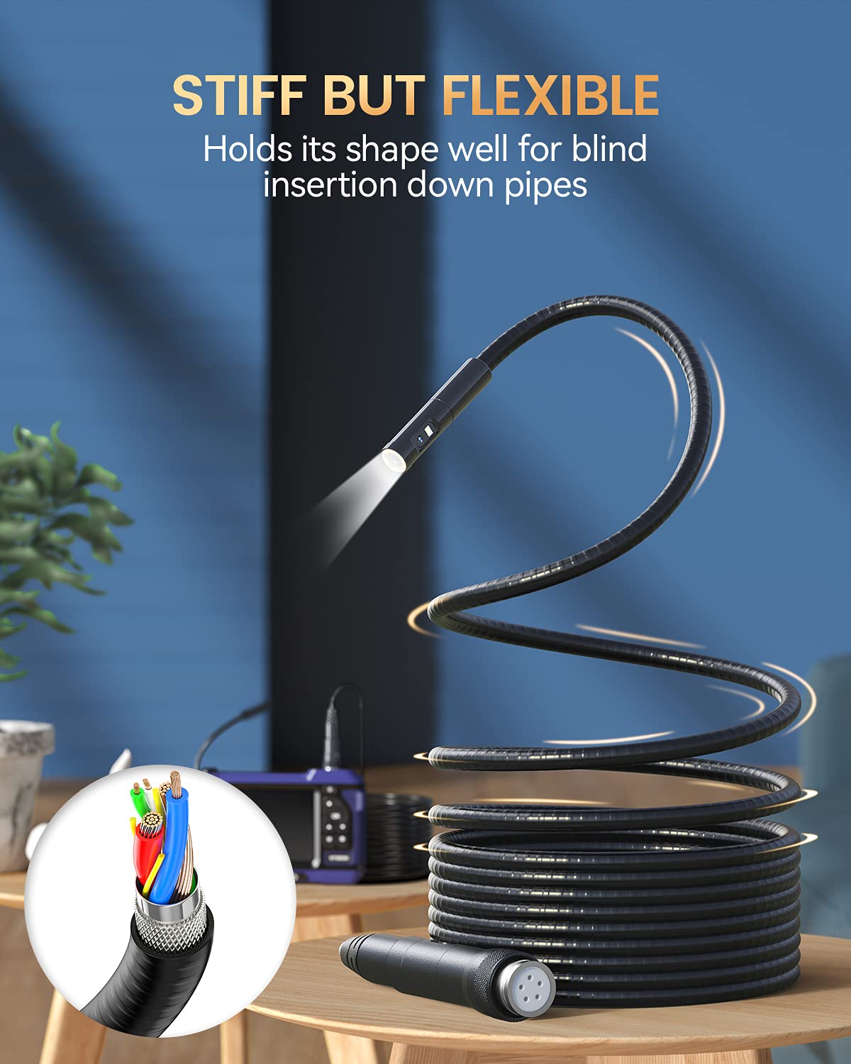 10DM Borescope with Light, Waterproof Flexible Cable, 5 IPS Color Screen J72366