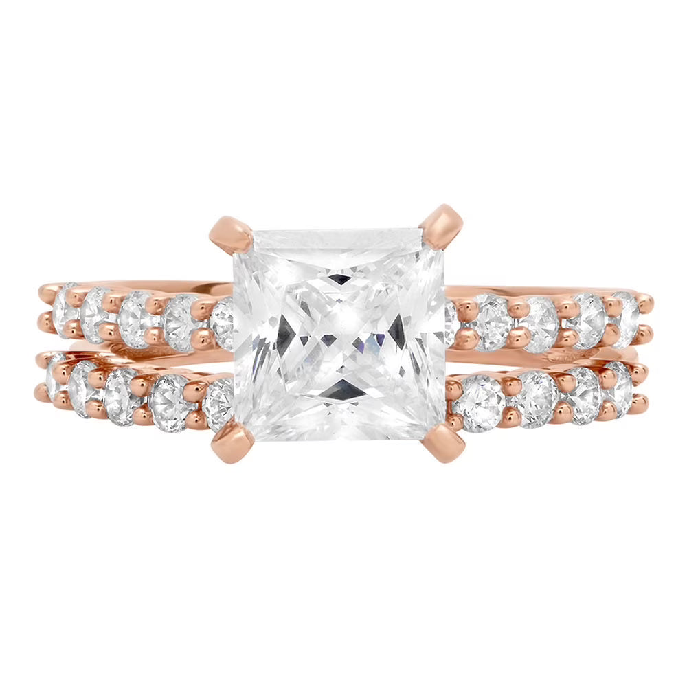 18K Rose Gold Princess Cut Diamond Engagement Ring Set size 3.5 C2635