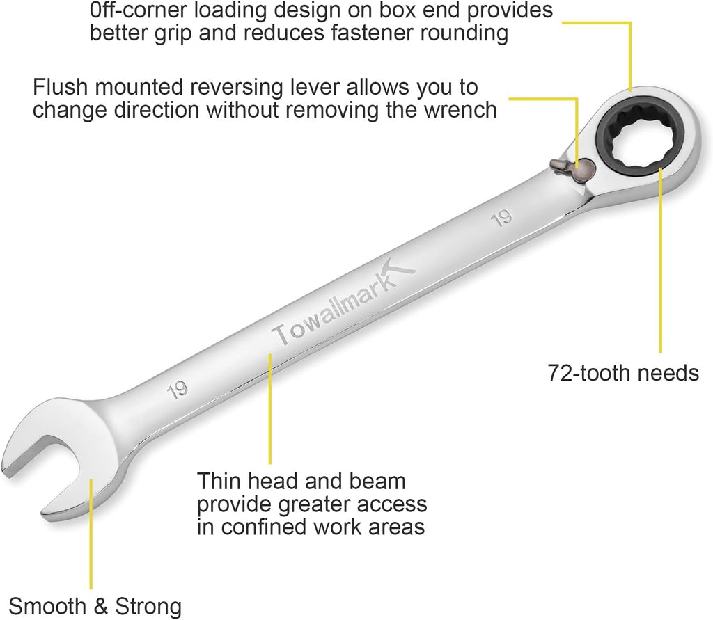 12-Piece Reversible Ratchet Combination Wrench Set, Metric, 8mm-19mm Chrome Vanadium Steel O841108