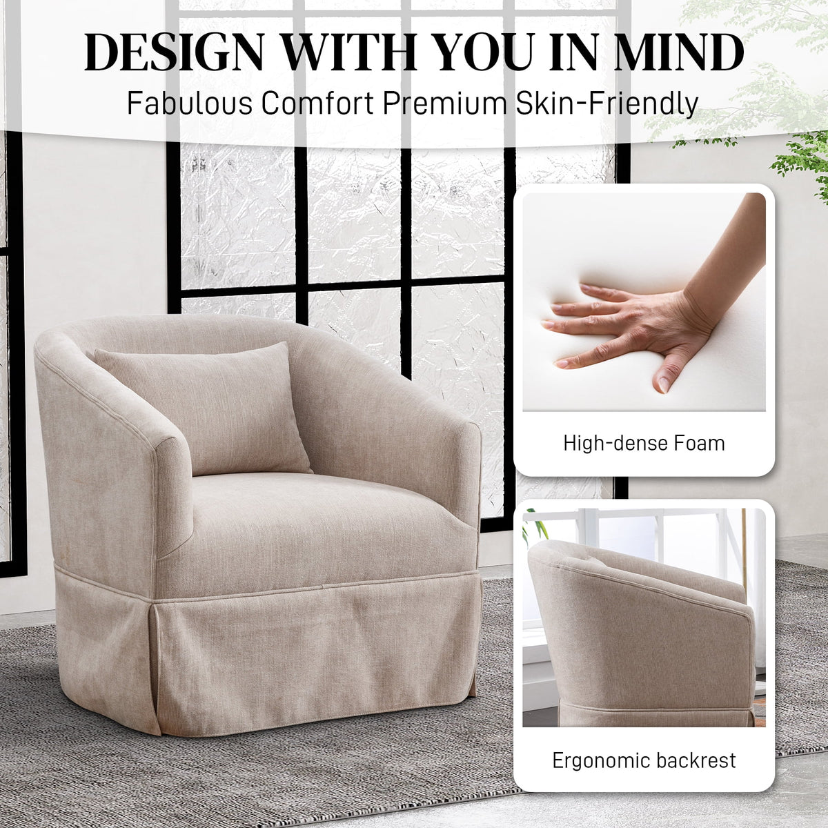 Upholstered Swivel Barrel Chair, Linen Fabric Accent Chair P4281