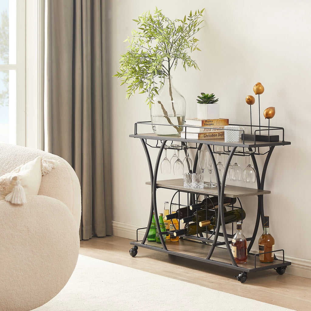 3 Tier Rolling Bar Cart with Wine Rack and Glass Holder T45010