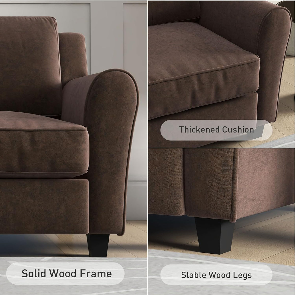 Brown 3 Seater Sofa Couch with Thicked Cushion O209