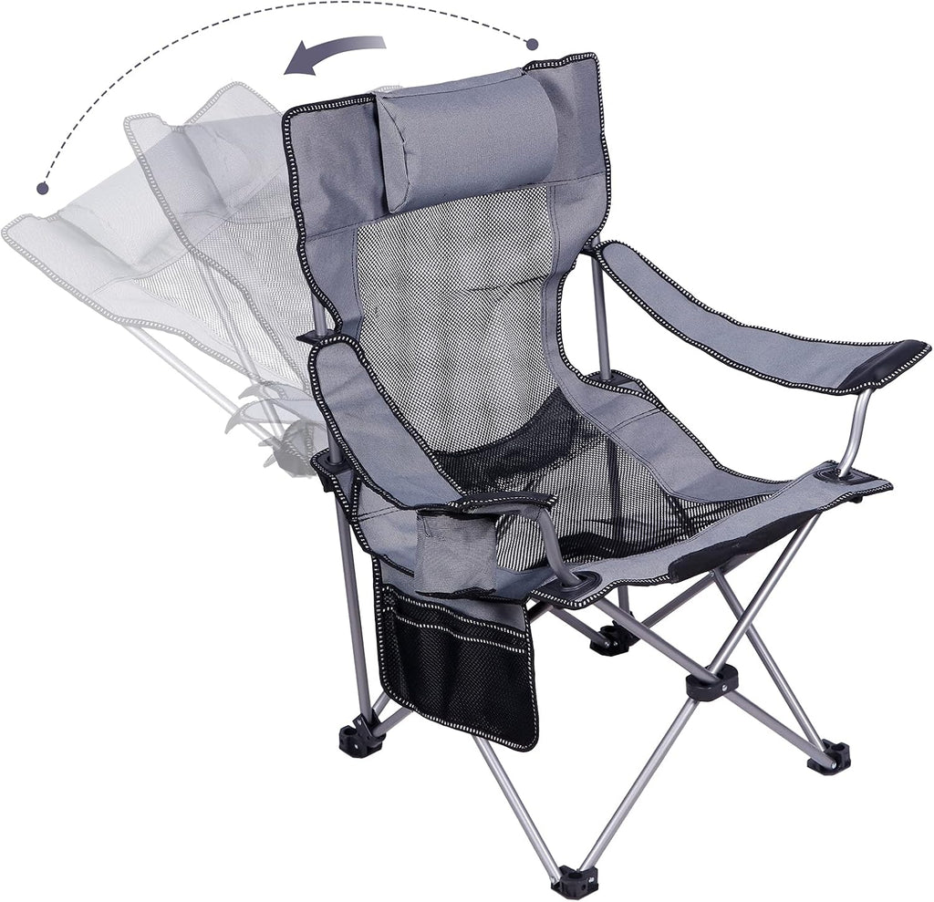 Green Folding Recliner Camping Chair with Headrest Cup Holders Side Pocket R42955