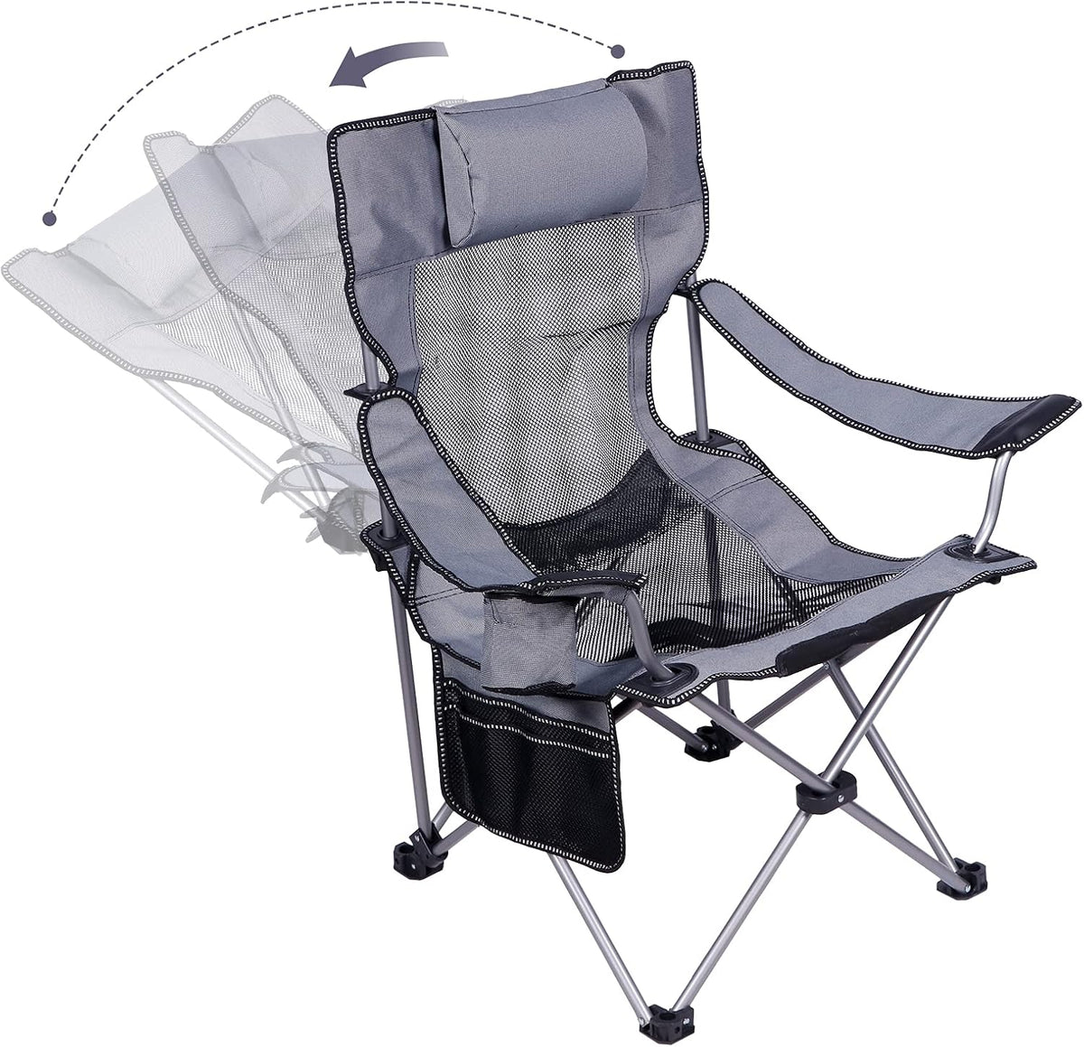 Green Folding Recliner Camping Chair with Headrest Cup Holders Side Pocket R42955