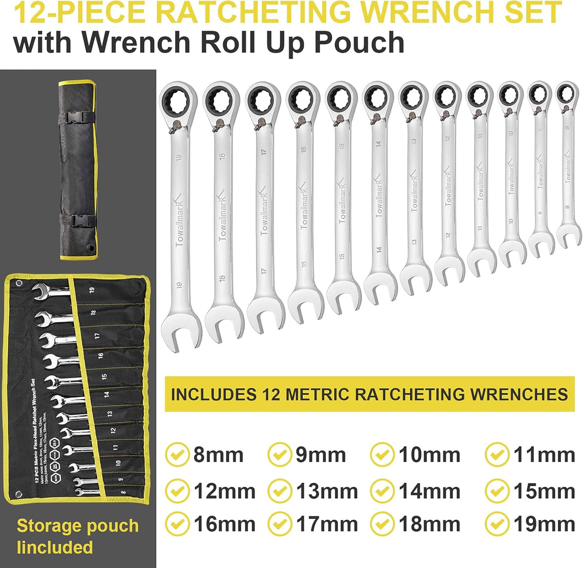 12-Piece Reversible Ratchet Combination Wrench Set, Metric, 8mm-19mm Chrome Vanadium Steel O841108