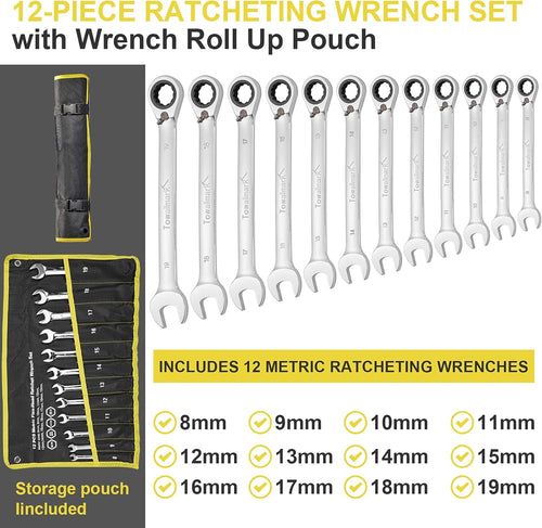 12-Piece Reversible Ratchet Combination Wrench Set, Metric, 8mm-19mm Chrome Vanadium Steel O841108