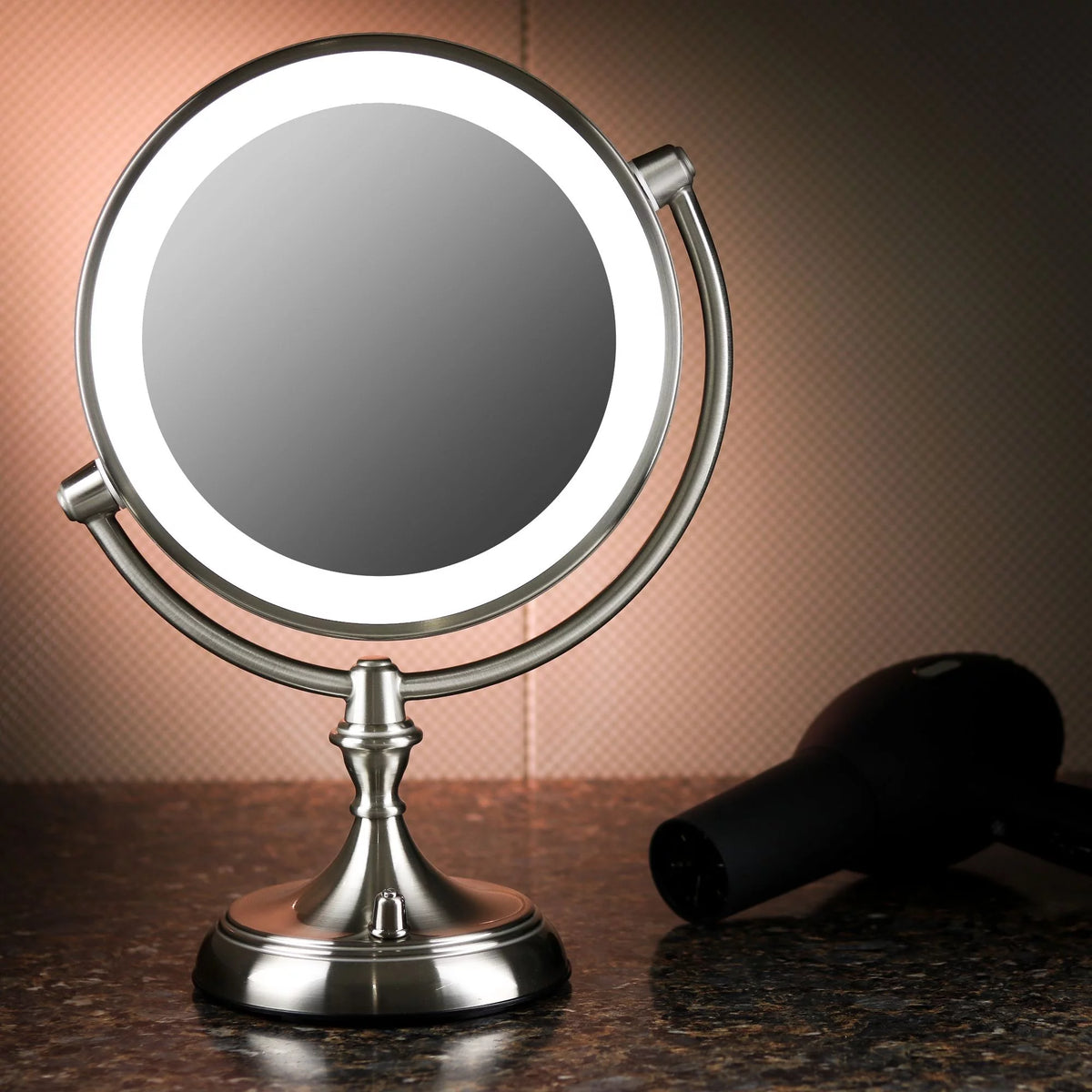 Lighted Makeup Mirror 9.5 Inch 1X 5X Magnifier Dimmable 360 Degree Double Sided LED Acrylic Edge Battery USB Powered Vanity K5523