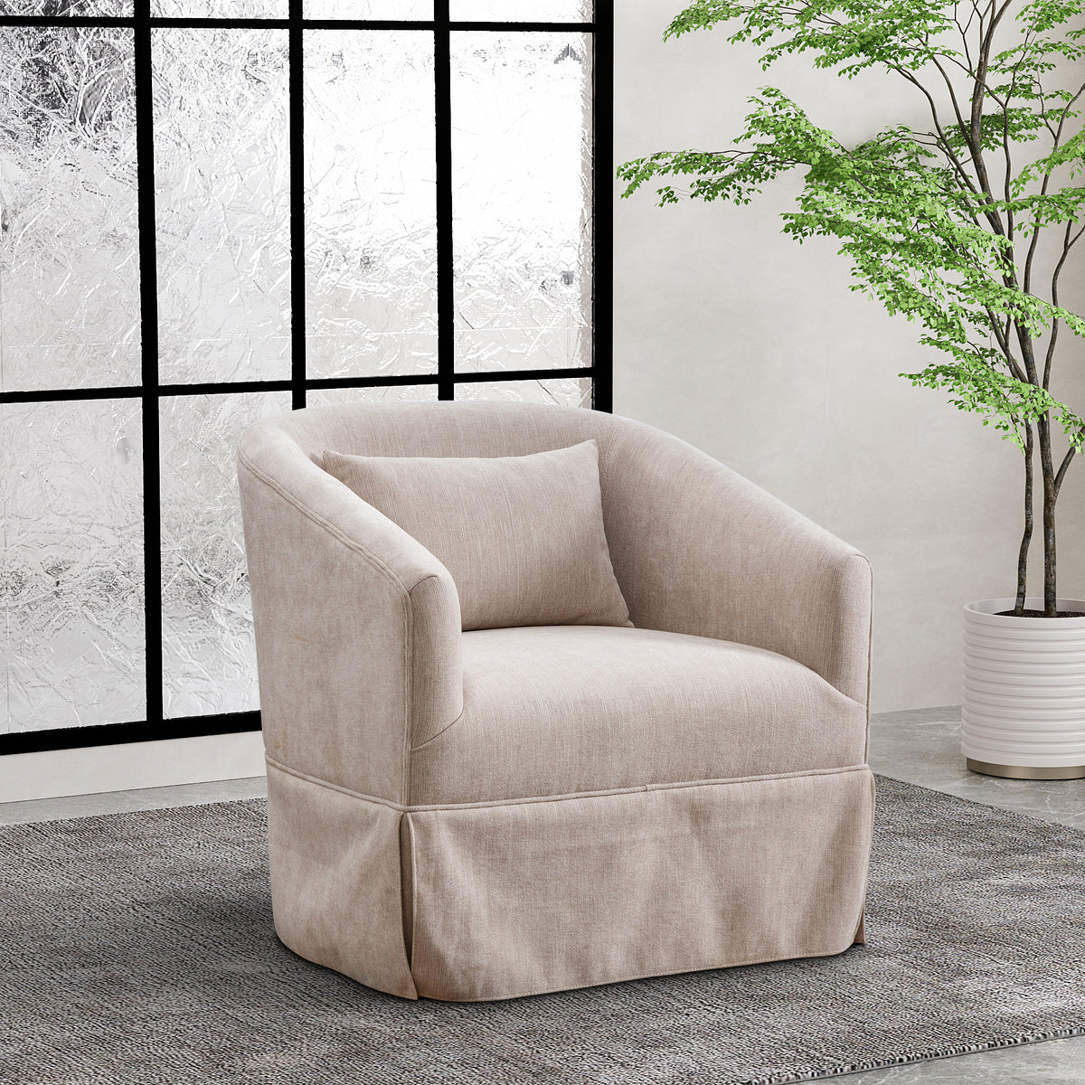 Upholstered Swivel Barrel Chair, Linen Fabric Accent Chair P4281