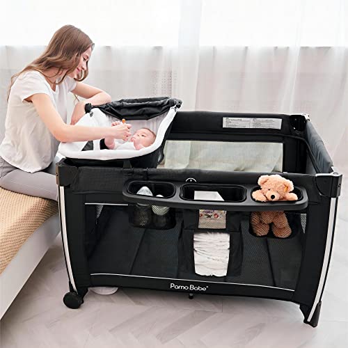 4 in 1 Portable Baby Crib with Bassinet, Mattress, Changing Table (Black) L353