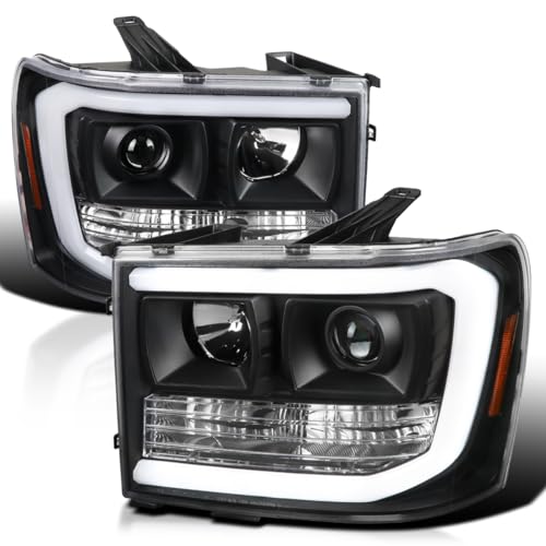 LED Light Bar Chrome Housing Projector Headlights for GMC Sierra 1500 2500HD 3500HD Left Right Pair Headlamps Assembly B9318
