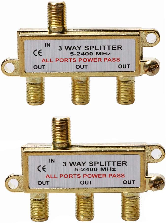 3-Way Coaxial Cable Splitter, 2.4 Ghz 5-2400 MHz, Gold Plated Connectors, 2-Pack S836