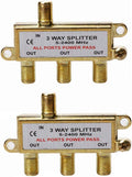 3-Way Coaxial Cable Splitter, 2.4 Ghz 5-2400 MHz, Gold Plated Connectors, 2-Pack S836