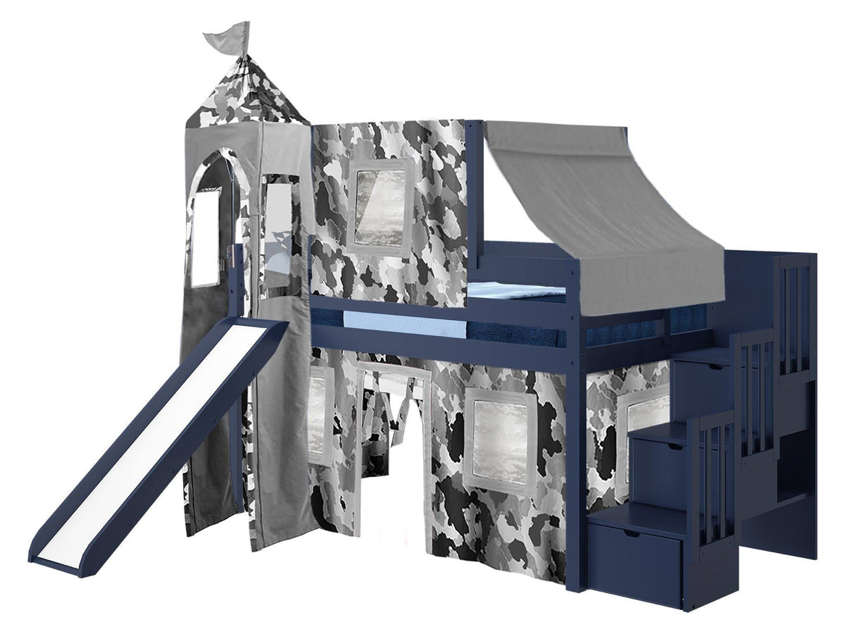 Twin Loft Bed with Slide and Tent A1001