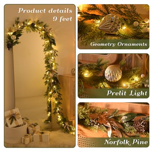 6Ft Prelit Christmas Garland with Pine Cone, Bow Ornaments (Green Gold) D83837
