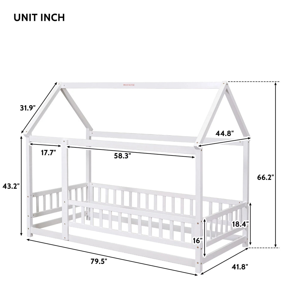 Twin Size Wooden House Bed with Roof and Fence K360368