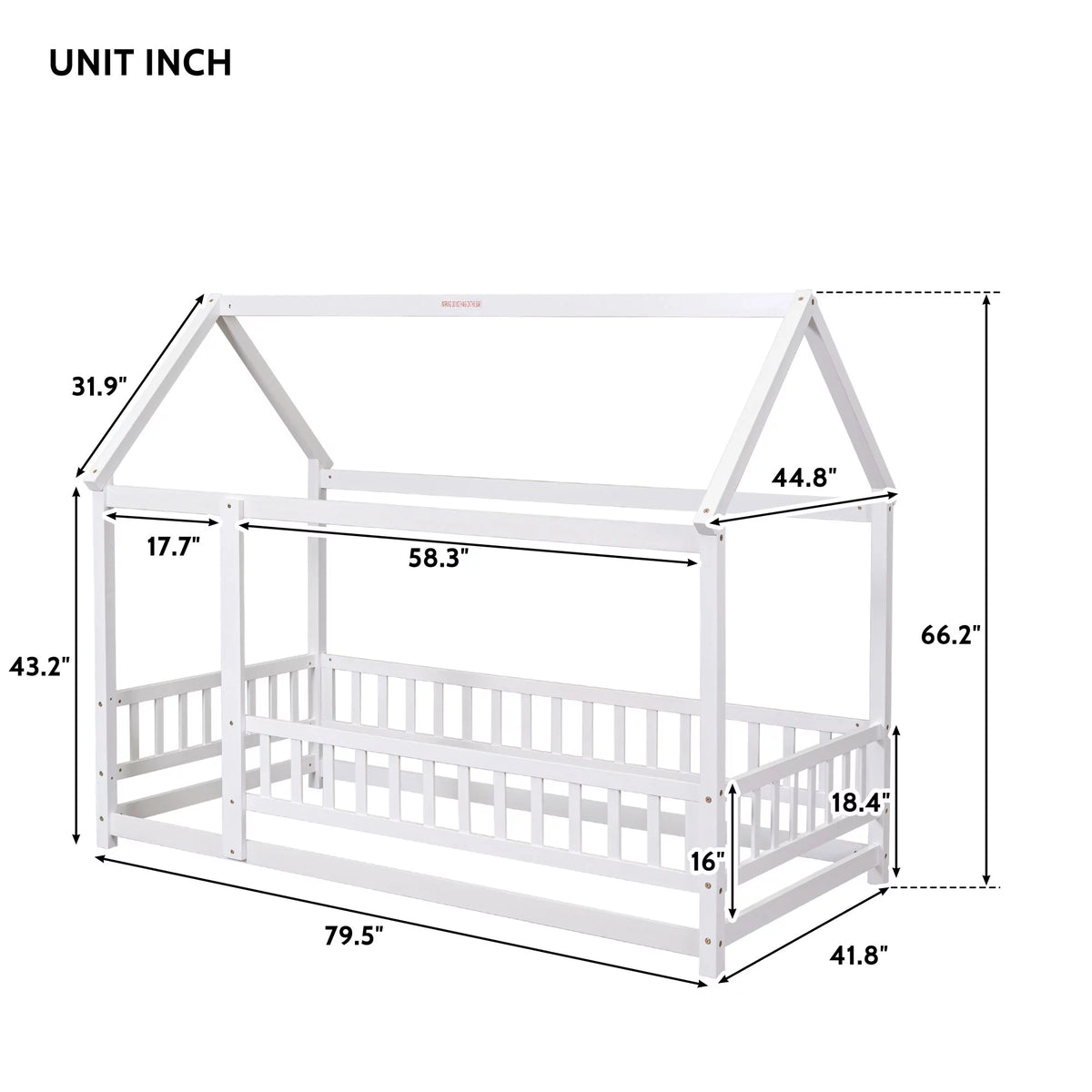Twin Size Wooden House Bed with Roof and Fence K360368