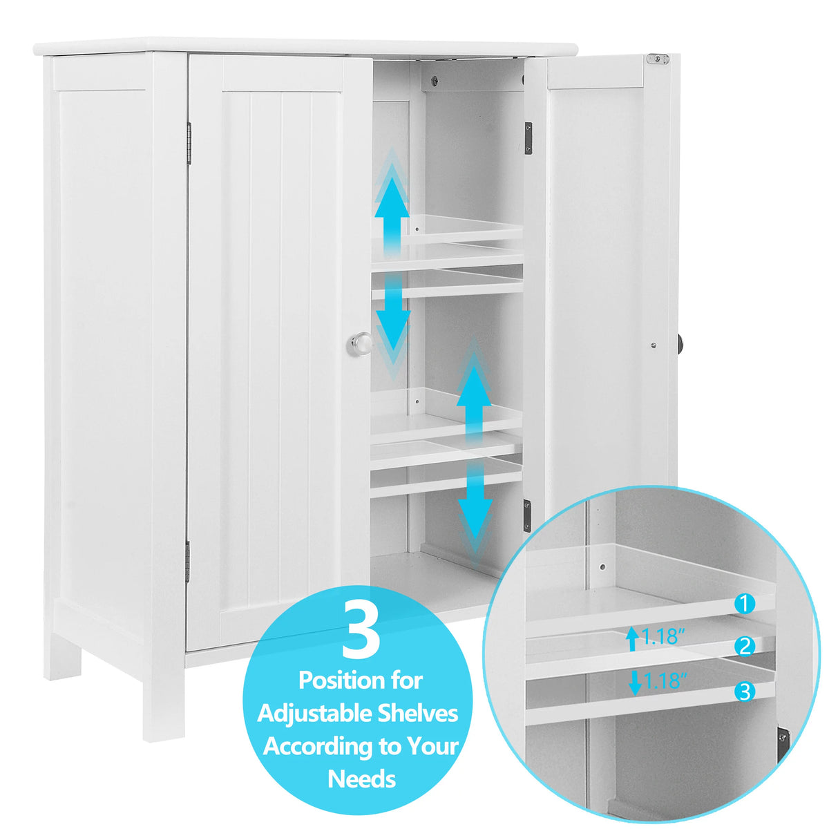 2-Door White Bathroom Floor Storage Cabinet with Adjustable Shelves H70317
