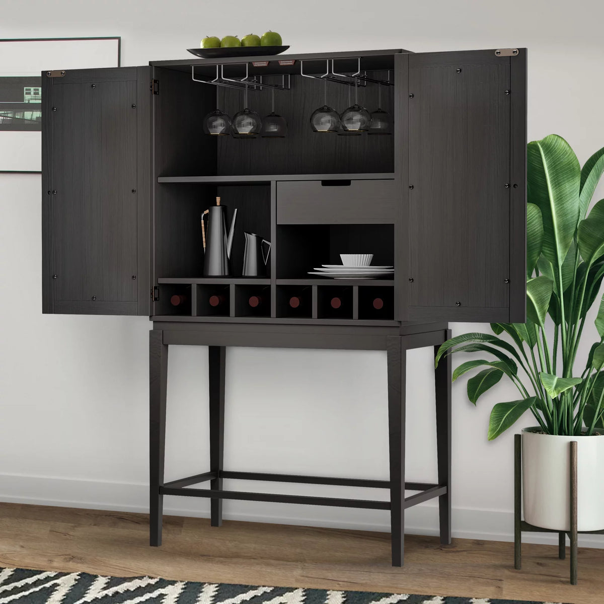 Solid Rubber Wood Double Mirror Door Wine Cabinet with Glass Holder N946523