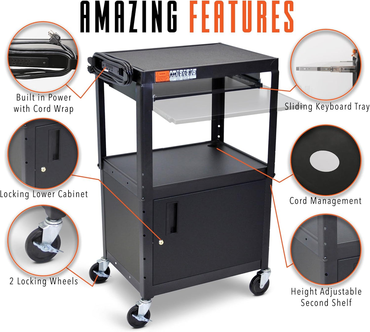 Black Height Adjustable Utility Cart with Locking Cabinet Y386677