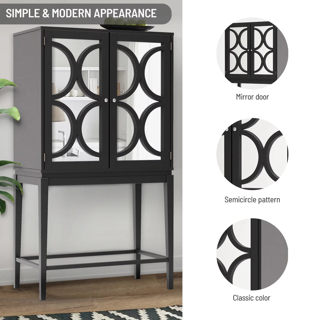 Solid Rubber Wood Double Mirror Door Wine Cabinet with Glass Holder N946523