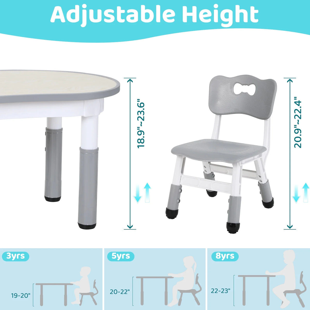 Height Adjustable Kids Table and 2 Chairs Set U458041