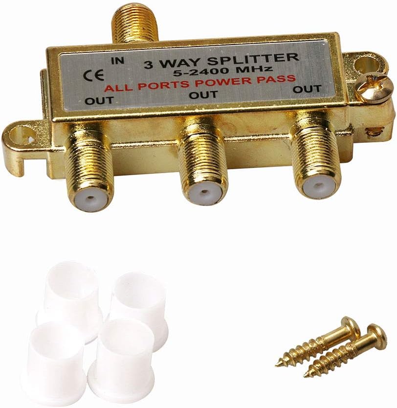 3-Way Coaxial Cable Splitter, 2.4 Ghz 5-2400 MHz, Gold Plated Connectors, 2-Pack S836