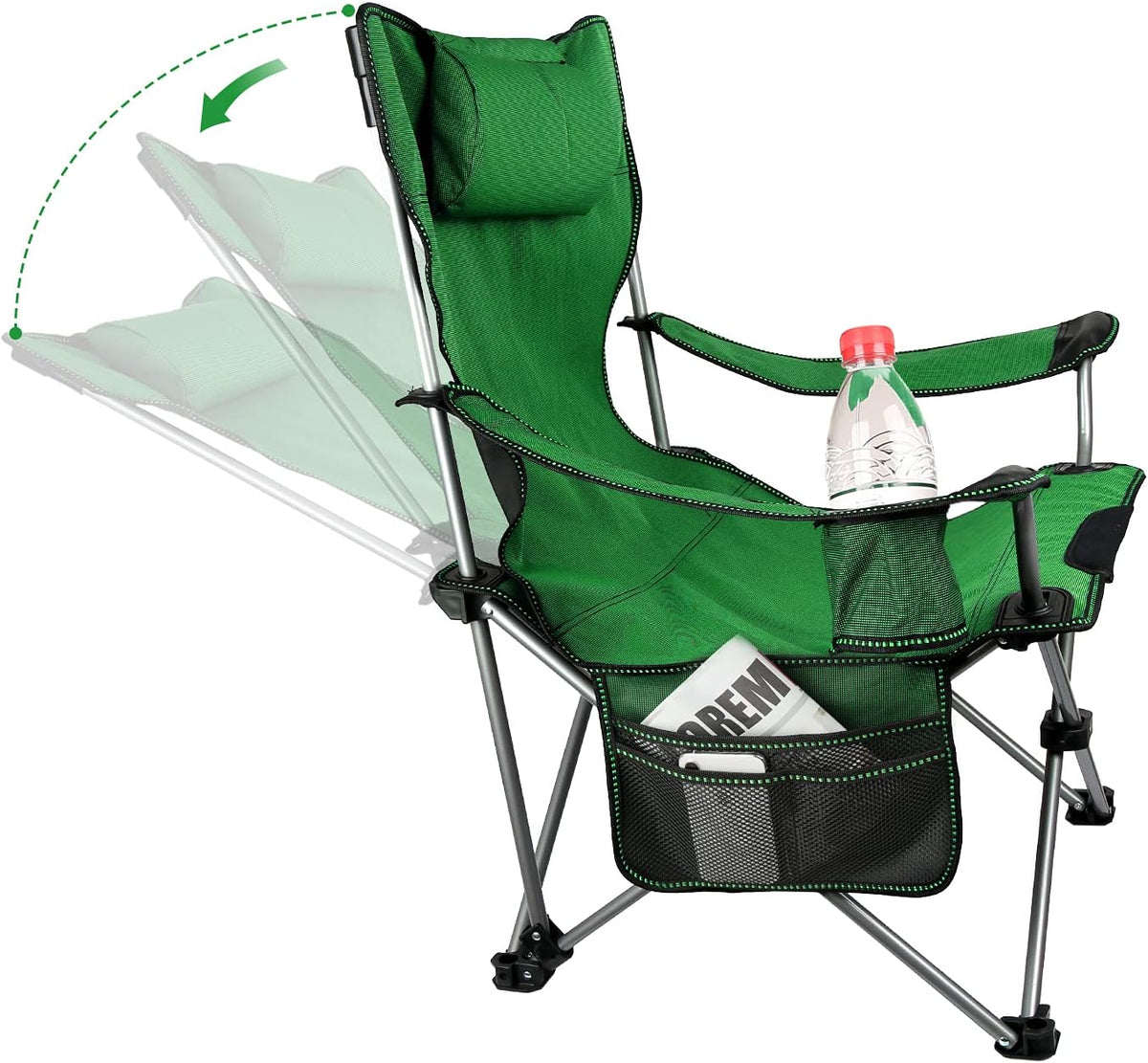 Green Folding Recliner Camping Chair with Headrest Cup Holders Side Pocket R42955