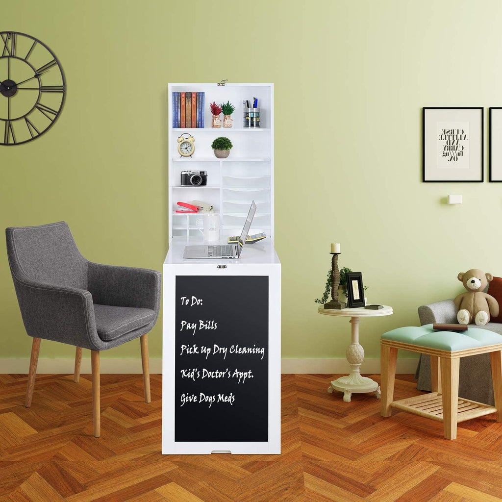White Collapsible Wall Desk Cabinet with Chalkboard and Bottom Shelf U103821