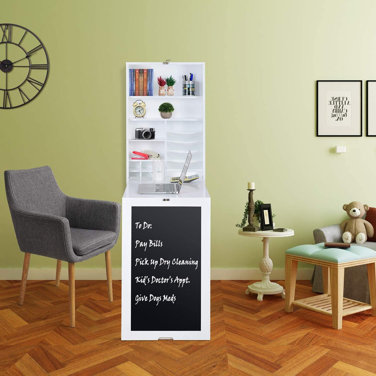 White Collapsible Wall Desk Cabinet with Chalkboard and Bottom Shelf U103821