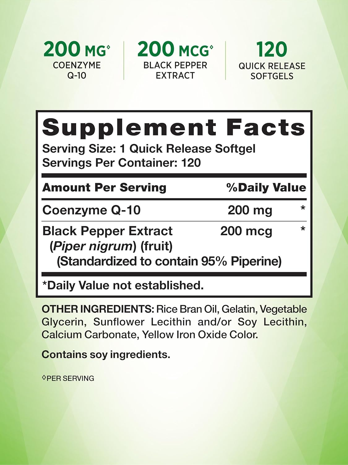 CoQ10 200mg 120 Softgels High Absorption Non-GMO Gluten Free Coenzyme Supplement with Black Pepper Extract X937832