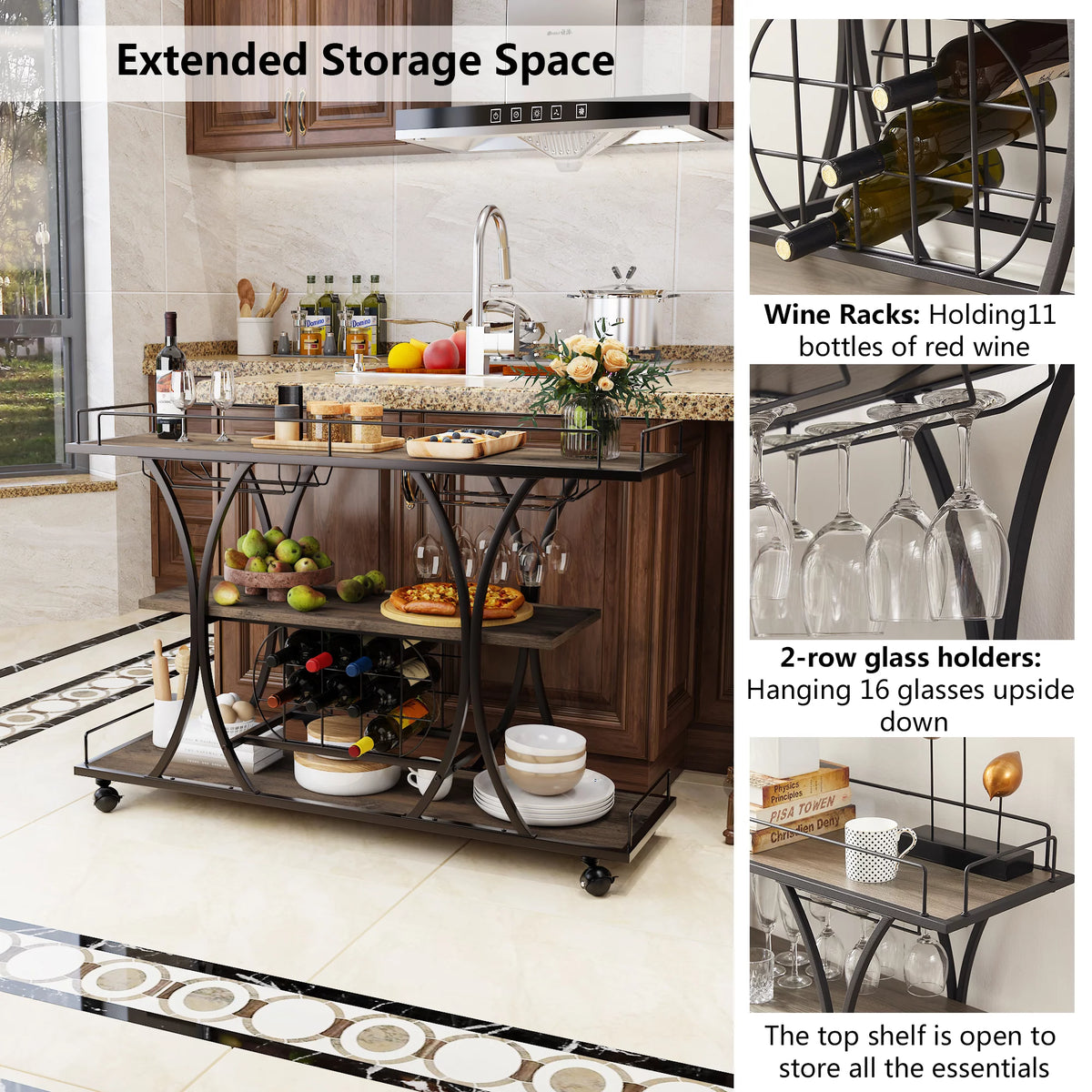 3 Tier Rolling Bar Cart with Wine Rack and Glass Holder T45010