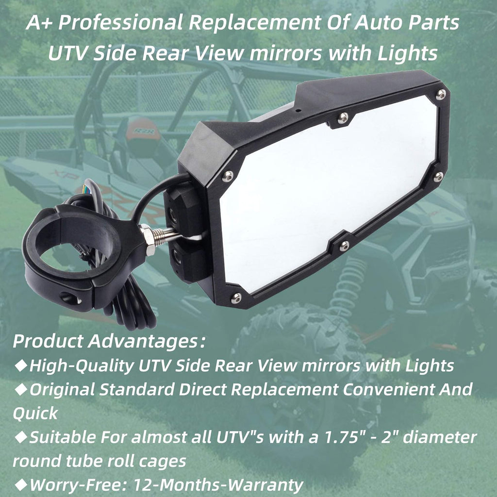 UTV Side Rear View Mirrors With LED Lamp for 1.75 - 2 Diameter Round Tube Roll Cages A4478