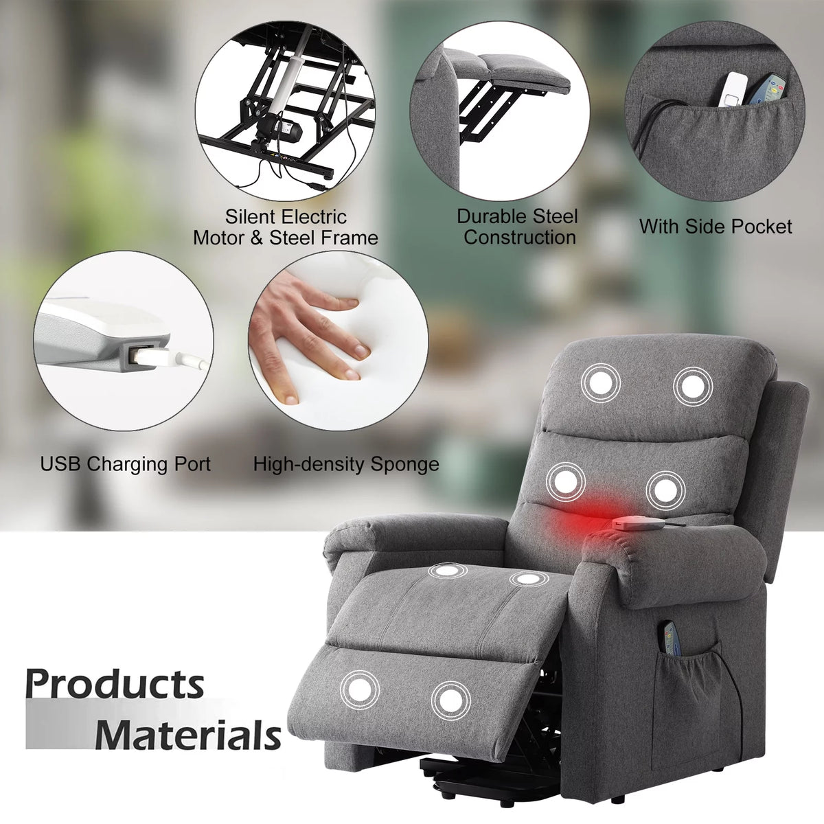 Linen Fabric Heated Massage Power Lift Recliner Chair with USB Ports R32870