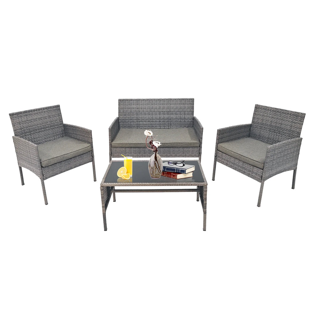 4 Piece Wicker Patio Conversation Furniture Set with Glass-Top Coffee Table & Gray Cushions T79435