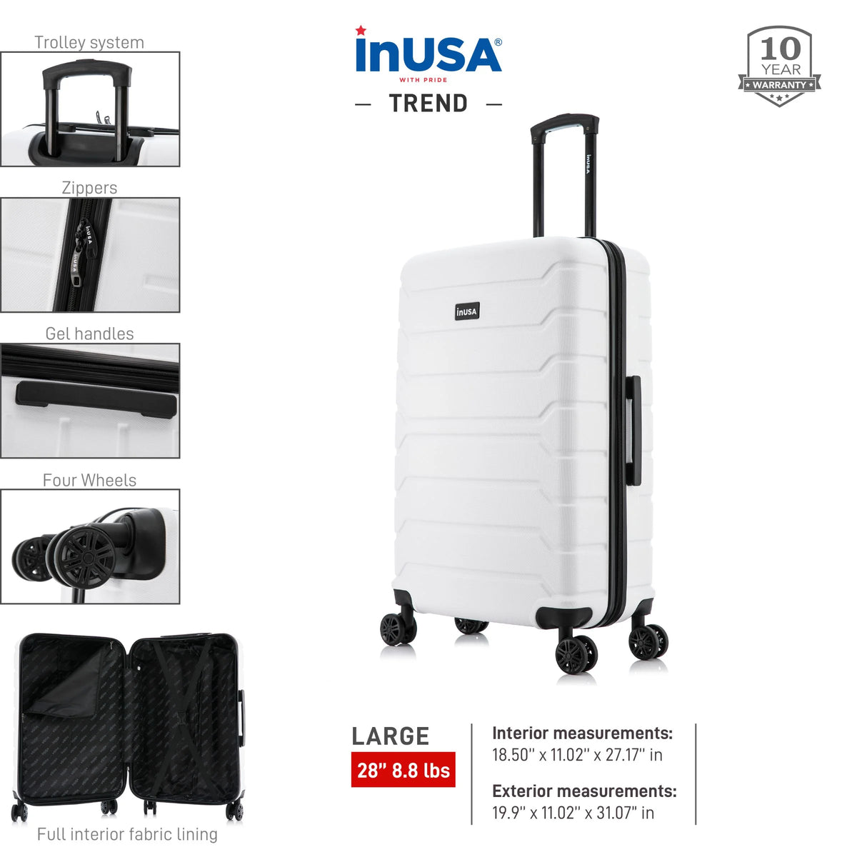 28" White Hardside Lightweight Luggage with Spinner Wheels M4804