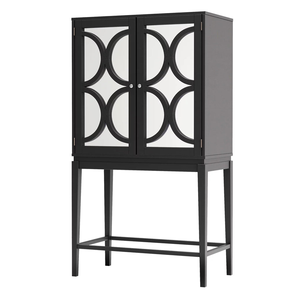 Solid Rubber Wood Double Mirror Door Wine Cabinet with Glass Holder N946523