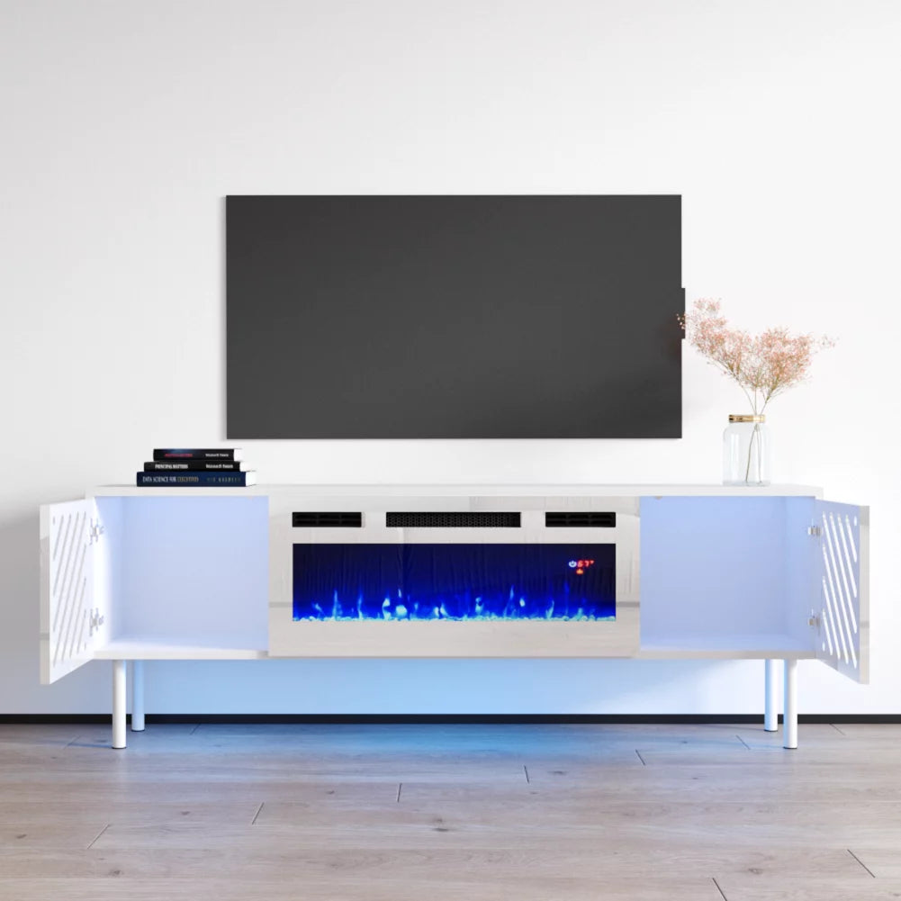 63" High Gloss Fireplace TV Stand with Storage Cabinets and LED Lights K7343