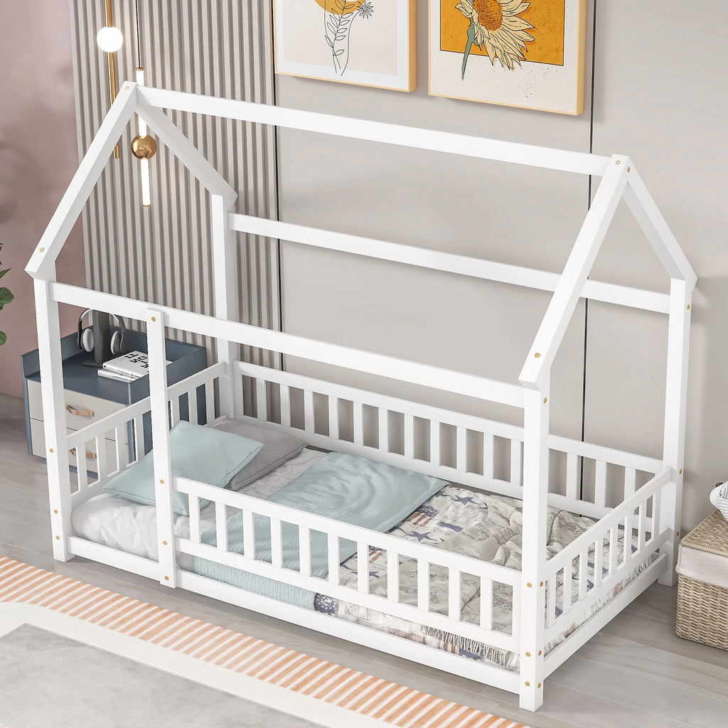 Twin Size Wooden House Bed with Roof and Fence K360368