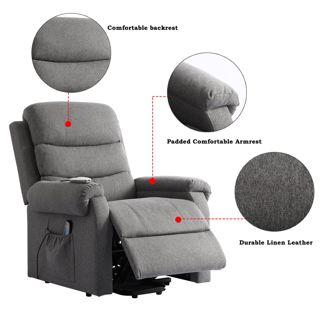 Linen Fabric Heated Massage Power Lift Recliner Chair with USB Ports R32870