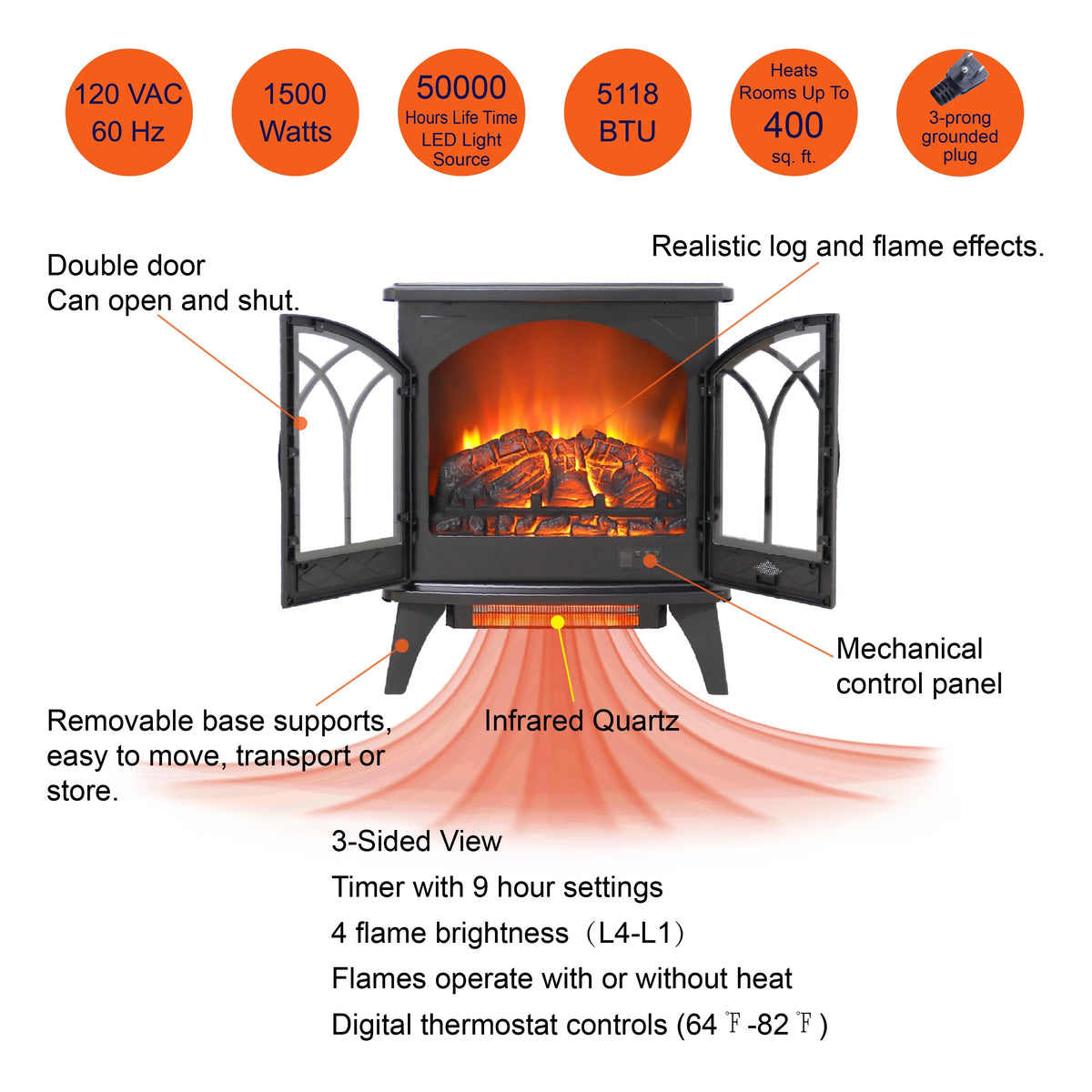 23.7" 1500W Electric Fireplace Heater with 3D Flame Effect Q1208