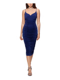 Navy Ruched Zippered Molded Cups Lined Spaghetti Strap Sweetheart Neckline Midi Body Con Dress U517