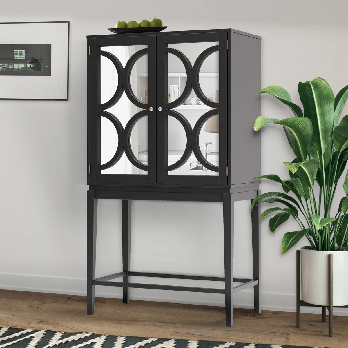 Solid Rubber Wood Double Mirror Door Wine Cabinet with Glass Holder N946523