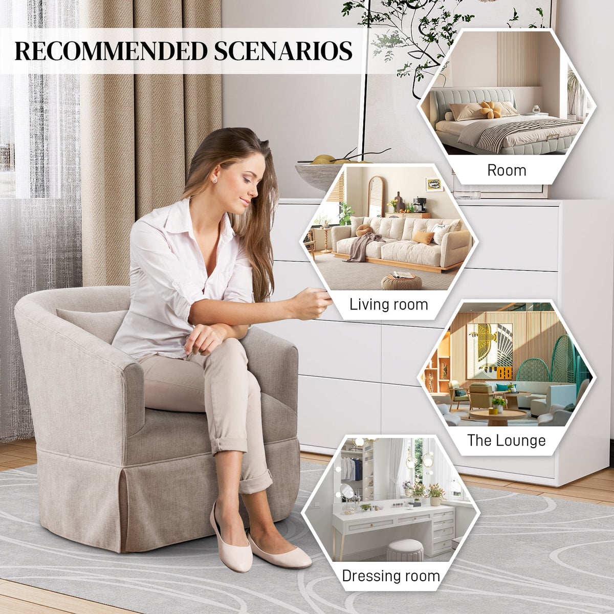 Upholstered Swivel Barrel Chair, Linen Fabric Accent Chair P4281