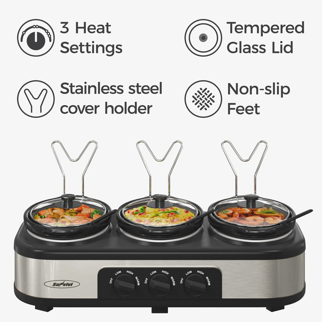 Stainless Steel Triple Slow Cooker with 3 Spoons W827