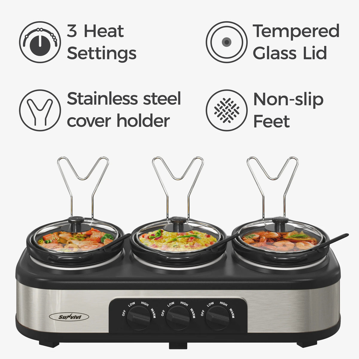 Stainless Steel Triple Slow Cooker with 3 Spoons W827