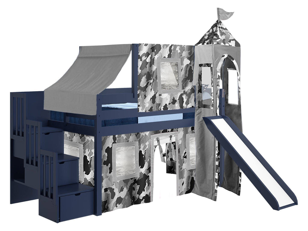 Twin Loft Bed with Slide and Tent A1001