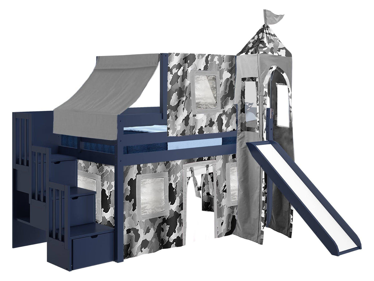 Twin Loft Bed with Slide and Tent A1001