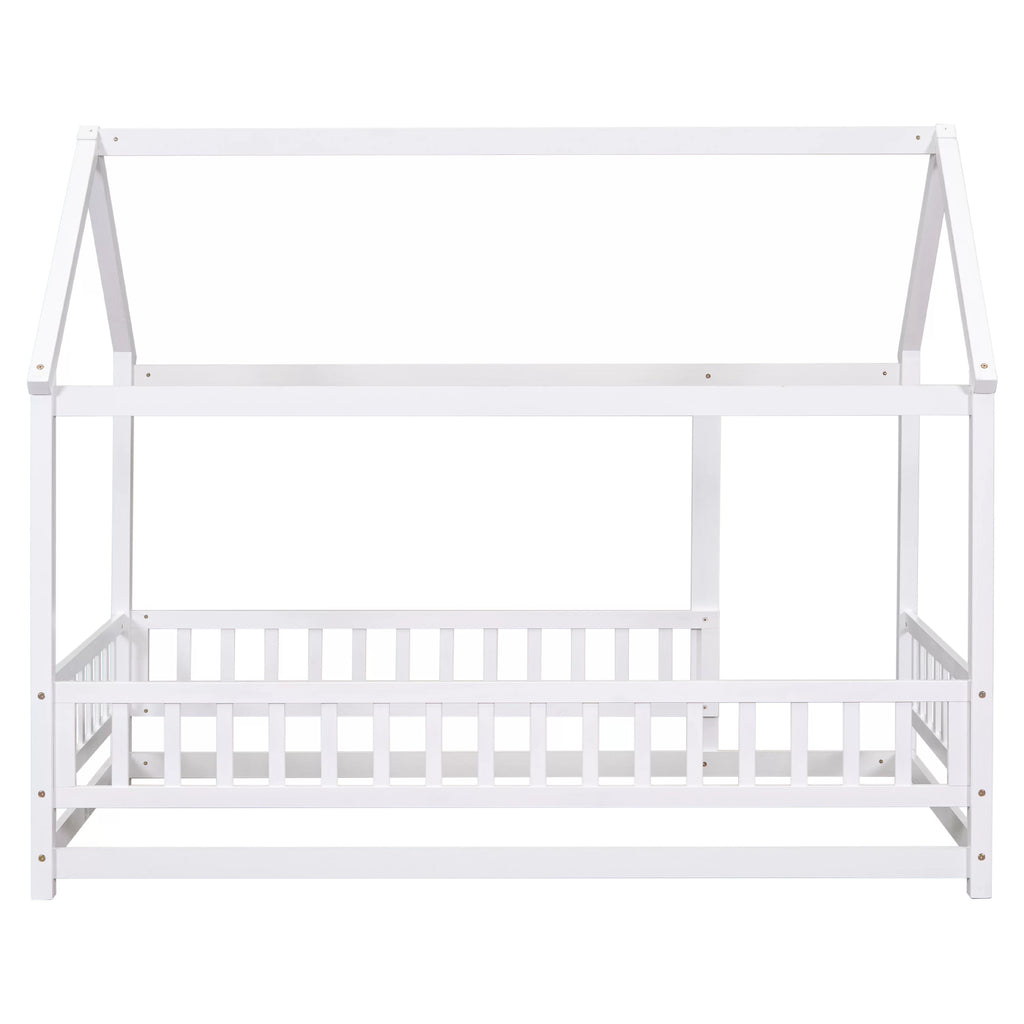 Twin Size Wooden House Bed with Roof and Fence K360368