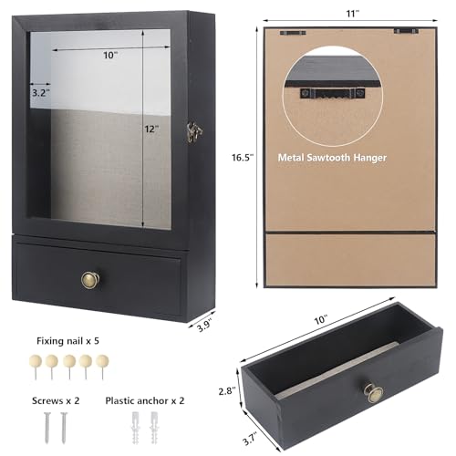 Black 3.2" Deep Shadow Box Display Case with Real Glass and Drawer S6418